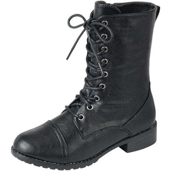 Forever Women Round Toe Military Lace Up Low Heel Combat Boots Black  Leather 5 - Picture 1 of 5